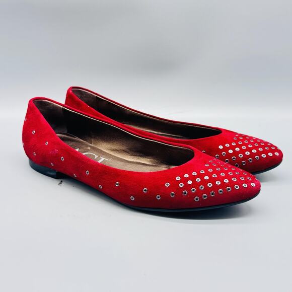 AGL Shoes Women 9 Red Suede Metal Grommets Slip On Ballet Flat Comfort Round Toe - Picture 2 of 11